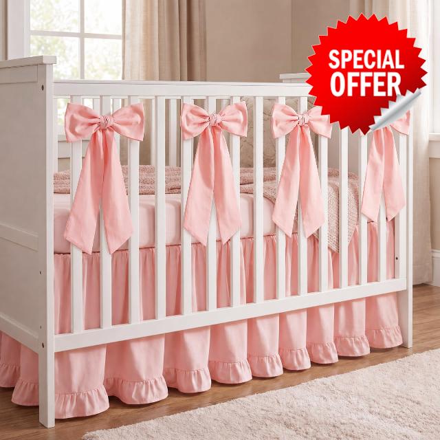 SmoothNovelty Pink Crib Bed Skirts with 4 Large Cot Bow 28" x 52" Baby Crib Skirt for Boys Girls Nursery Toddler Bedskirt Dust Ruffle 14" Drop
