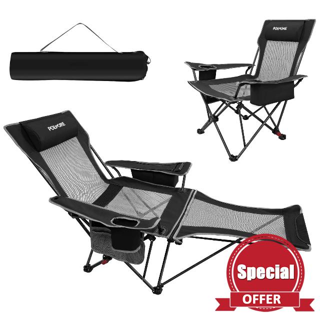 Reclining Camping Chair 4 Adjustments with Foot Rest Comfortable for Adults 120kg Folding Recliner Beach Chair with Cooler Bag and Cup Holde