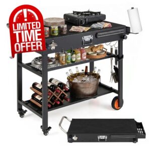 TANGZON Folding Grill Cart with Heat-Resistant Mat (109 x 46 x 87 cm) | 82 x 46 cm Prep Table