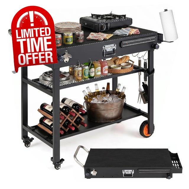 TANGZON Folding Grill Cart with Heat-Resistant Mat (109 x 46 x 87 cm) | 82 x 46 cm Prep Table