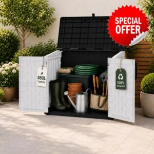 Olsen & Smith 880L Multi-Purpose Outdoor Storage Shed - Lockable Plastic Garden Storage Box with Double Doors & Lift-Up Lid