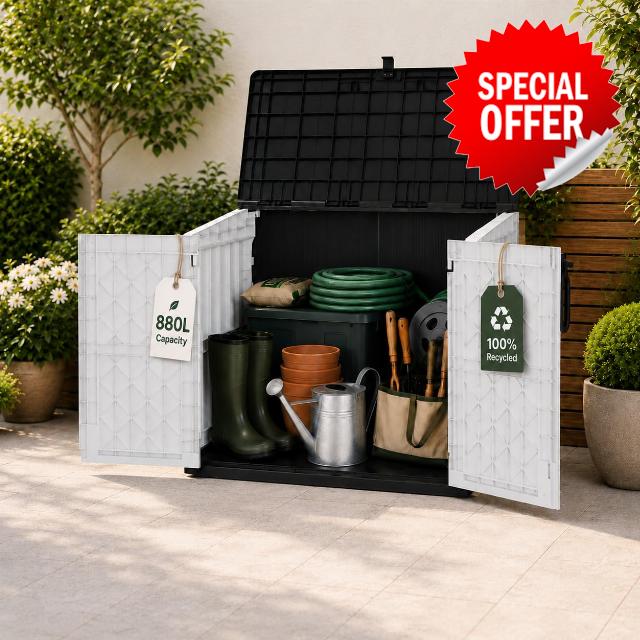 Olsen & Smith 880L Multi-Purpose Outdoor Storage Shed - Lockable Plastic Garden Storage Box with Double Doors & Lift-Up Lid