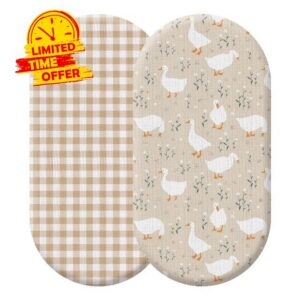 Breling 2 Pack Muslin Silly Goose and Khaki Gingham Baby Bassinet Sheets for Girls Boys Soft and Breathable Plaid Cradle Bed Cover for 32'' x 16" Oval Hourglass Infant Nursery Toddler Room Deco