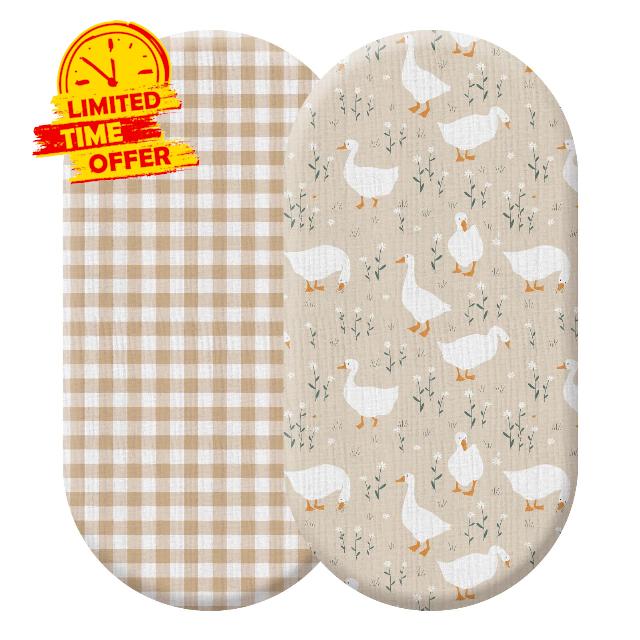 Breling 2 Pack Muslin Silly Goose and Khaki Gingham Baby Bassinet Sheets for Girls Boys Soft and Breathable Plaid Cradle Bed Cover for 32'' x 16" Oval Hourglass Infant Nursery Toddler Room Deco