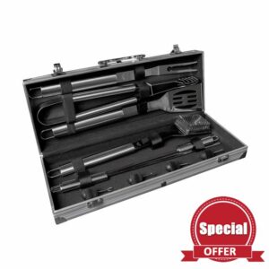 Treat Factory 10 Piece Stainless Steel BBQ Tool Set & Aluminium Carry Case | Easy Clean Foodsafe Heavy Duty Barbecue Kit for Home and Camping