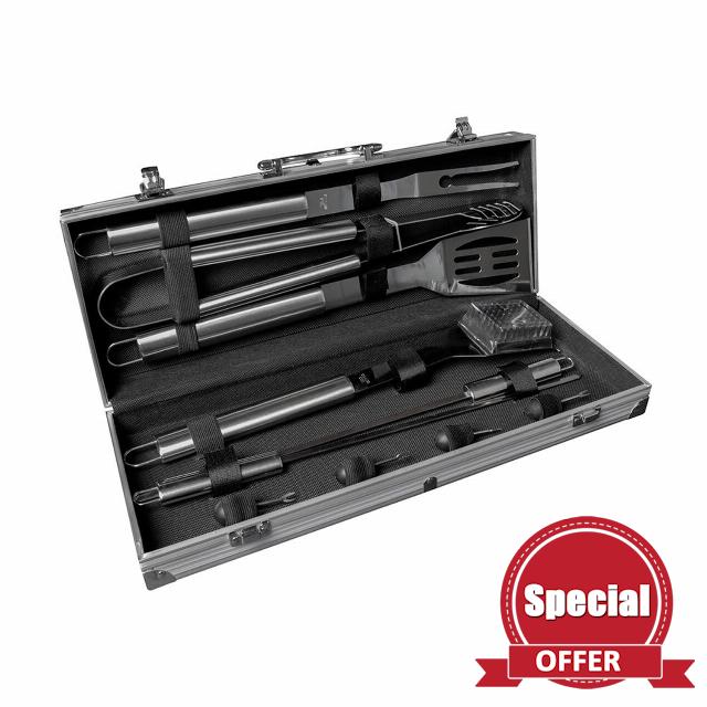 Treat Factory 10 Piece Stainless Steel BBQ Tool Set & Aluminium Carry Case | Easy Clean Foodsafe Heavy Duty Barbecue Kit for Home and Camping