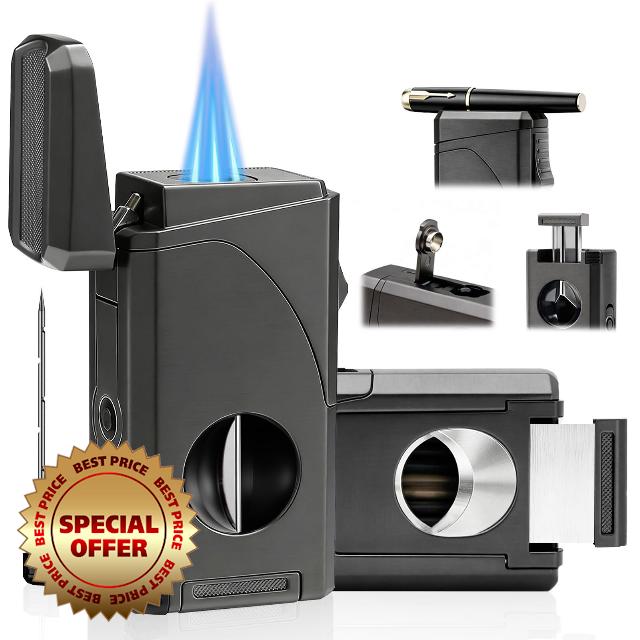 6-in-1 Triple Jet Butane Torch Lighter Built-in V & Straight Cutter