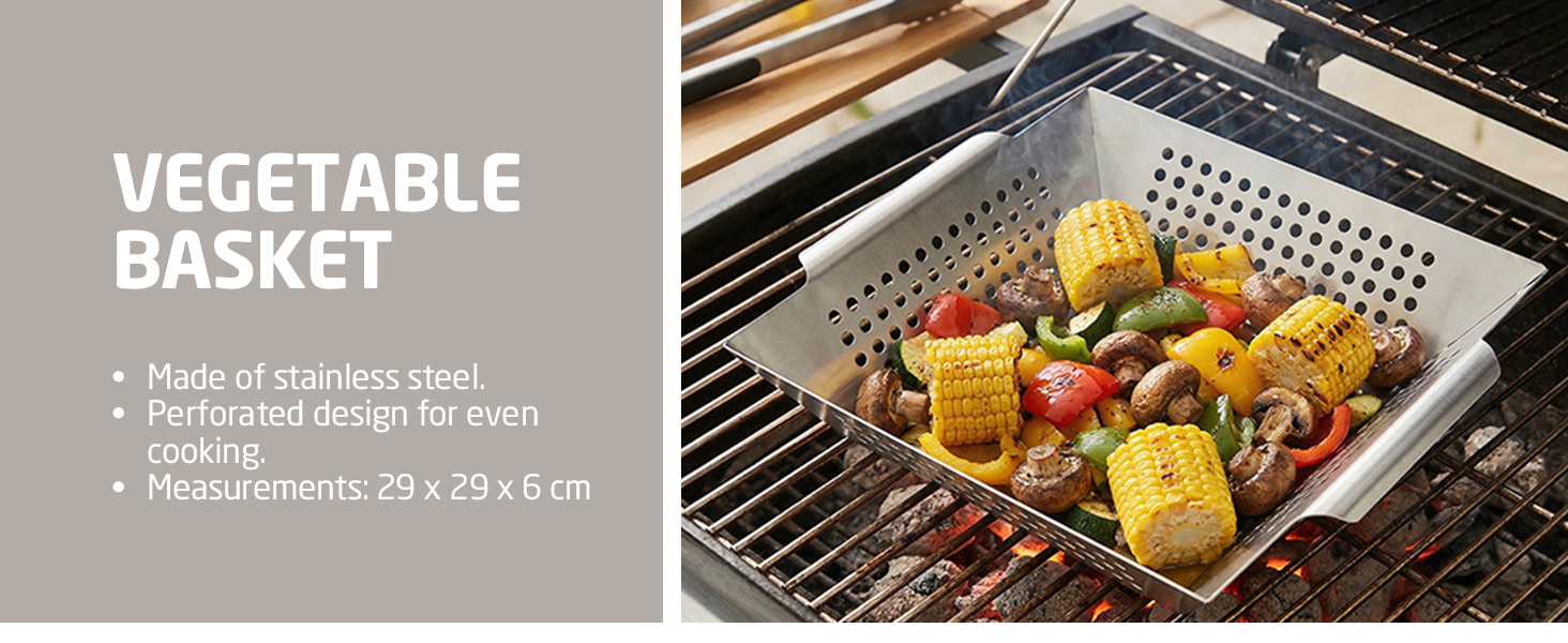 Text reads 'VEGETABLE BASKET' with bullet points '&bull; Made of stainless steel', '&bull; Foldable for easy storage', '&bull; Size: 29 x 29 x 8 cm'. Metal mesh grill basket containing grilled vegetables on outdoor barbecue.