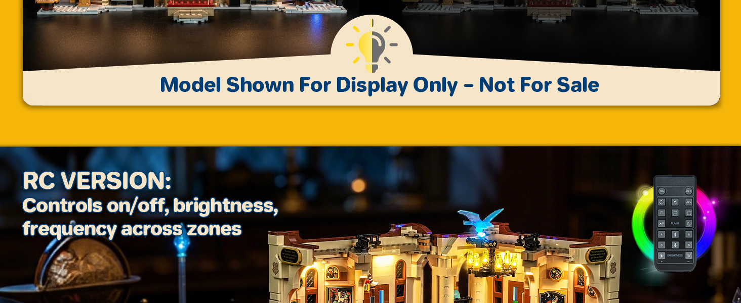 Text reads "76478 Bookshelf Decor for Dumbledore's Office Comes With Nothing But Light Accessories - The Model Not Included". Yellow banner showing illuminated bookshelf display architectural model in light and dark comparison.