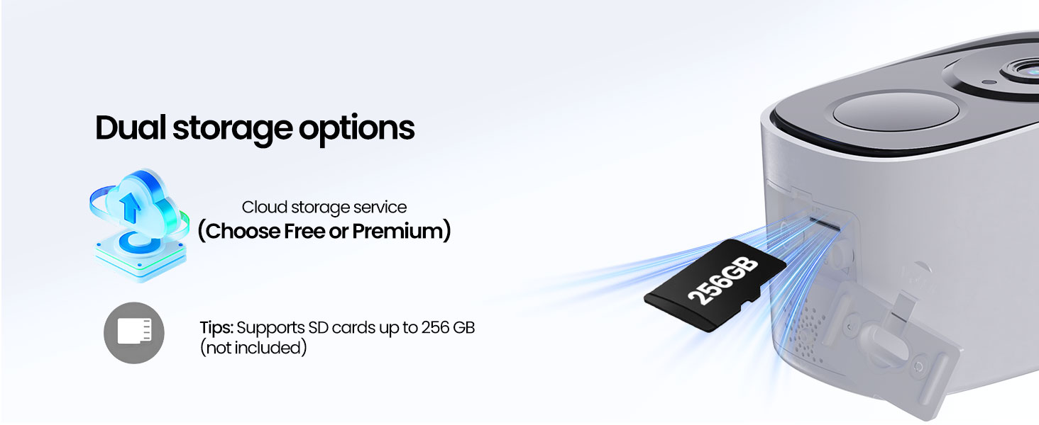 Text reads 'Dual storage options'. Product diagram showing cloud storage and SD card storage options with icons.