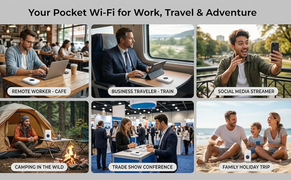 Text reads 'UNIVERSAL COMPATIBILITY TRANSFORM YOUR 5G/4G SIGNALS INTO RELIABLE WIFI'. Overhead scene of Parisian balcony with laptop, smartphone, camera, and accessories on round table with coffee service.