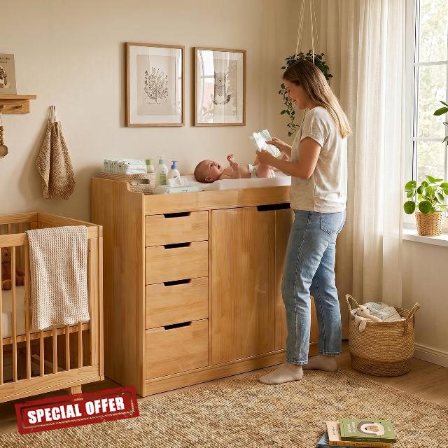 Solid Wood Baby Changing Table with 4 Drawers & Storage Cabinet