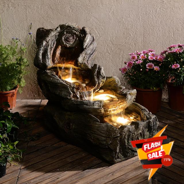 Sunlinua 4-Tier Wood-Look Resin Outdoor Water Feature with LED Lights – 80 cm Cascading Waterfall Fountain