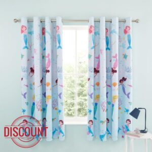 Catherine Lansfield Mermaid 66x72 Inch Fully Reversible Two Curtain Panels Blue/Pink