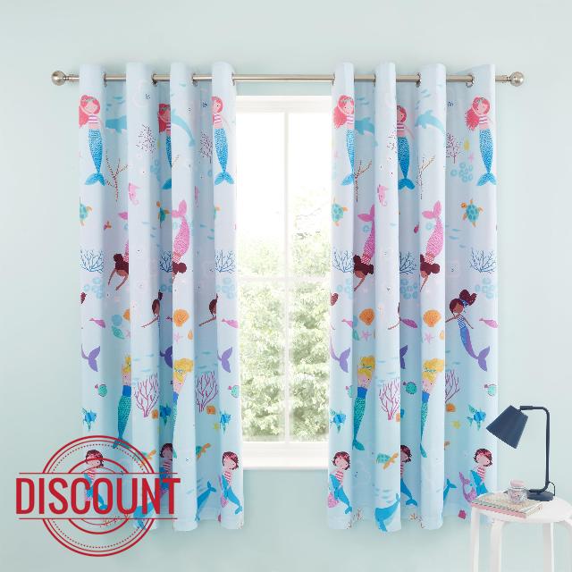 Catherine Lansfield Mermaid 66x72 Inch Fully Reversible Two Curtain Panels Blue/Pink