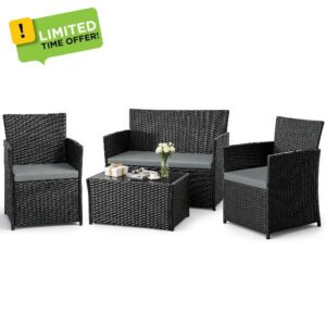 4pc Black Rattan Garden Furniture Set for Patio