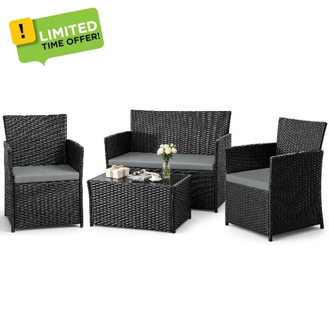 4pc Black Rattan Garden Furniture Set for Patio