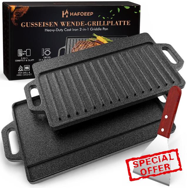 2-in-1 Cast Iron Reversible Griddle Pan with Handles & BBQ Spatula | Double Sided Grill Plate with Flat & Ridged Surfaces