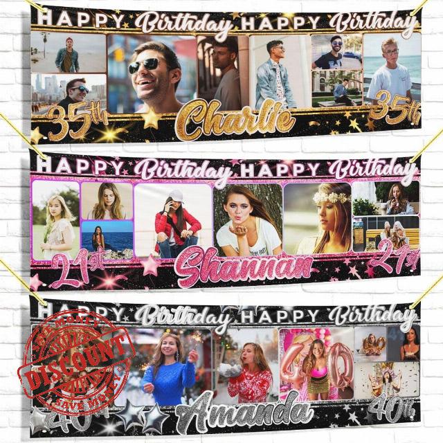 personalised birthday banner Photo 3.5ftx10ft fabic party decoration gold