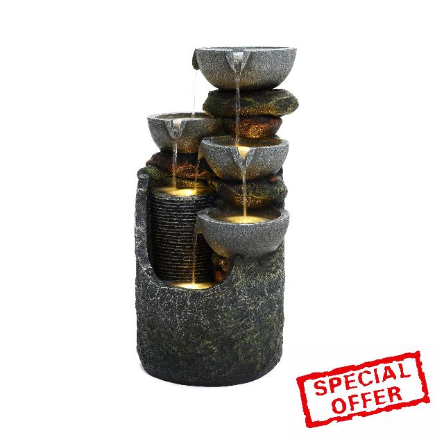 Serenity Cascading Slate Water Feature Indoor Outdoor Fountain LED Lights Polyresin Self-Contained Relaxing Decor 63cm