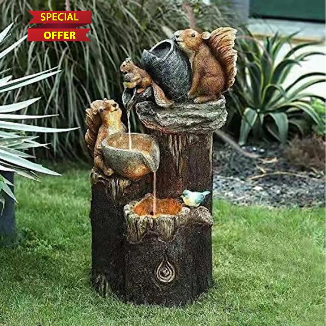 USB and solar water features indoor and outdoor three squirrels sculpture fountain statue garden LED light pool waterfall decoratio