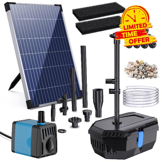 Biling 12W Solar Pond Filter Fountain Kit 605L/h Biological Solar Powered Pond Filter with Pump for 300-1000L Garden Ponds Water Features Fish Tank Mini Waterfalls