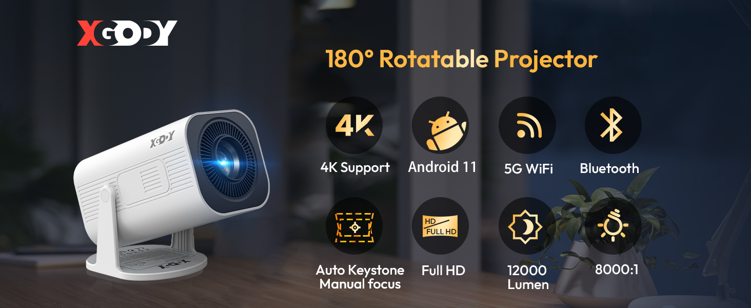 Text reads 'xsDY', '180° Rotatable Projector', '4K', '4K Support', 'Android 11', '5G WiFi', 'Bluetooth', 'Auto Keystone', 'Supported', 'FuHD', '10000 Lumens', '80001'. White compact projector with blue lens, featuring 180-degree rotation capability, 4K resolution, Android 11 OS, WiFi and Bluetooth connectivity.