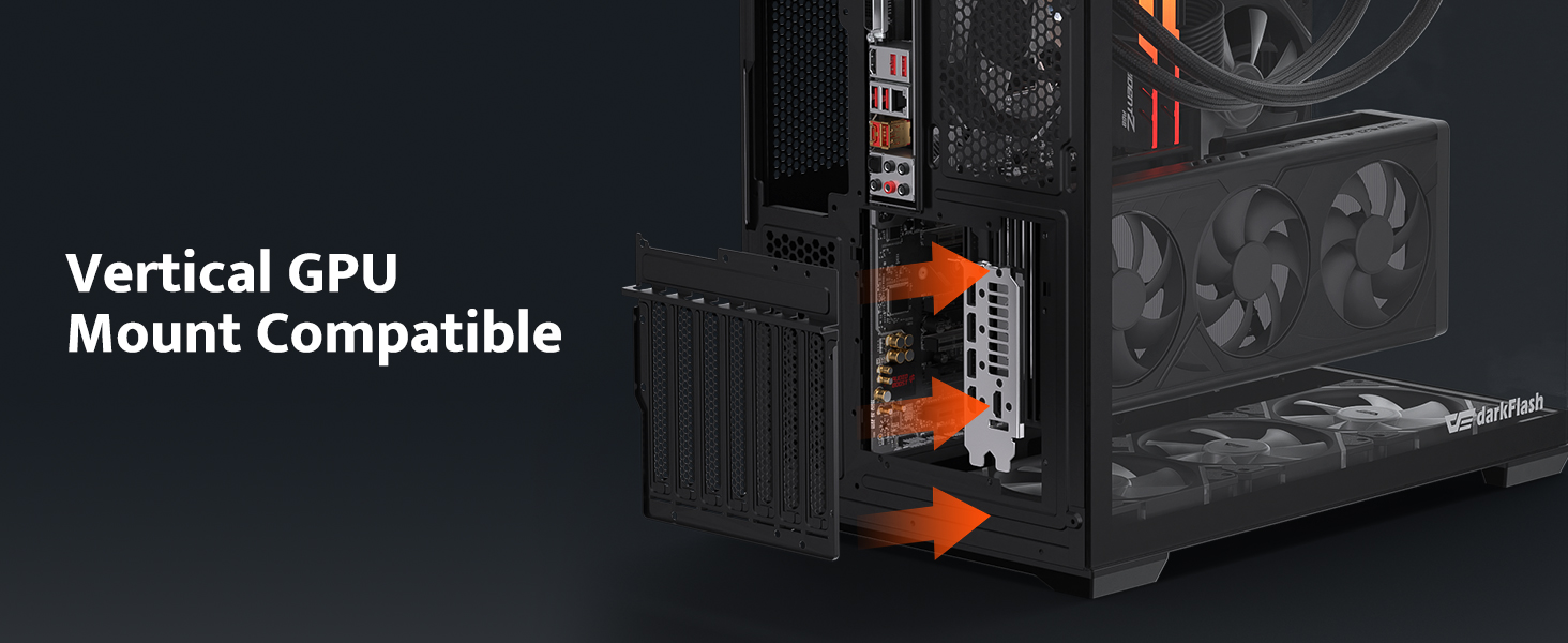 Text reads 'Vertical GPU Mount Compatible'. Computer case interior with orange accent details and GPU mounting bracket system visible.