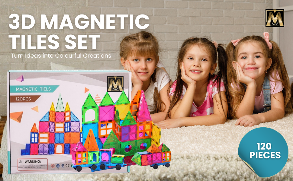Text reads '3D MAGNETIC TILES SET' and shows colorful magnetic construction tiles. Product display shows assembled structures and pieces. Indicator shows '120 PIECES'.