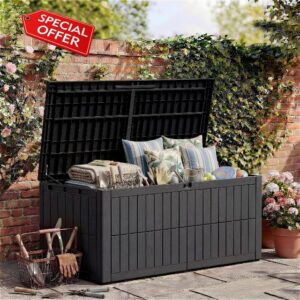Amopatio 680L Large Garden Storage Box - Wood Effect Outdoor Deck Box & Storage Chest - Heavy Duty Weatherproof Plastic with Lockable Lid & Carry Handles - For Patio Cushions