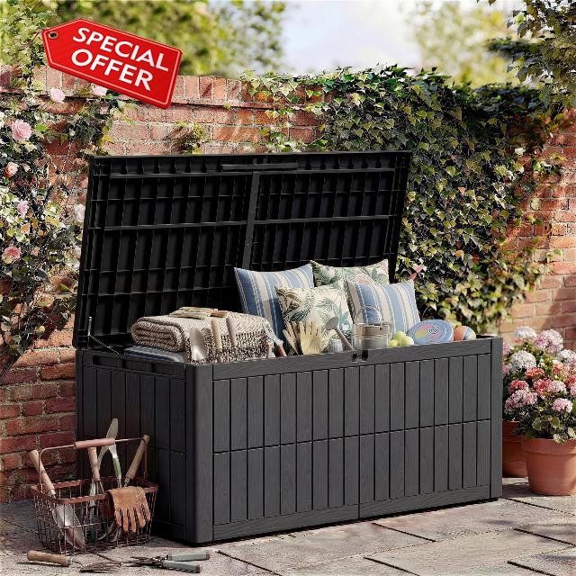 Amopatio 680L Large Garden Storage Box - Wood Effect Outdoor Deck Box & Storage Chest - Heavy Duty Weatherproof Plastic with Lockable Lid & Carry Handles - For Patio Cushions