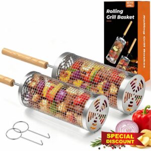 KEYO GRILL Rolling Grill Basket - 2 PCS BBQ Accessories Tools with Removable Wooden Handle & 2 Basket Openers