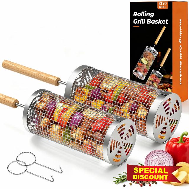 KEYO GRILL Rolling Grill Basket - 2 PCS BBQ Accessories Tools with Removable Wooden Handle & 2 Basket Openers