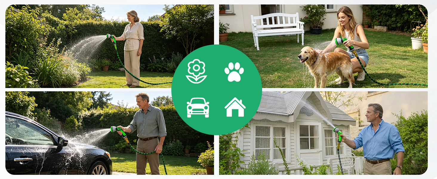 Collage showing various service categories with icons: car washing, pet care, home cleaning, and property maintenance. Four photo panels display professionals performing different services outdoors and around residential properties.