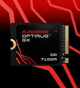 Text reads "SANDISK OPTIMUS GX" "Built to fit and designed to dominate." "UPGRADE YOUR EXPERIENCE" "REDEFINE PERFORMANCE" "BUILD BIGGER". Product specifications and features messaging on dark background.