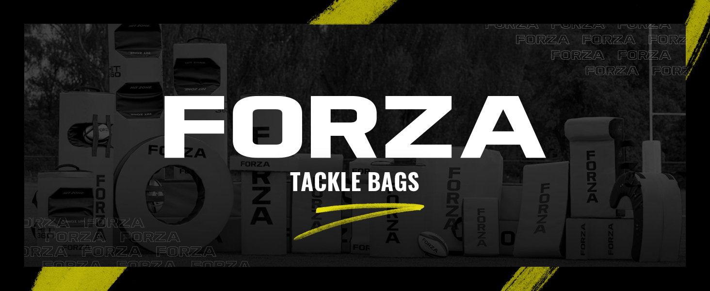 Text reads 'FORZA TACKLE BARS'. Black background with white text and yellow accents, showing product branding for tackle bars.