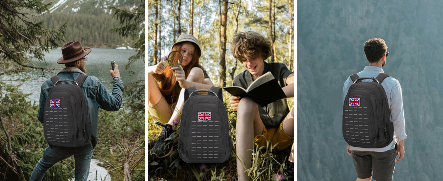 Black backpack with quilted texture and red UK flag emblem displayed in three wear positions: front-facing, side angle, and over-shoulder views for product demonstration.