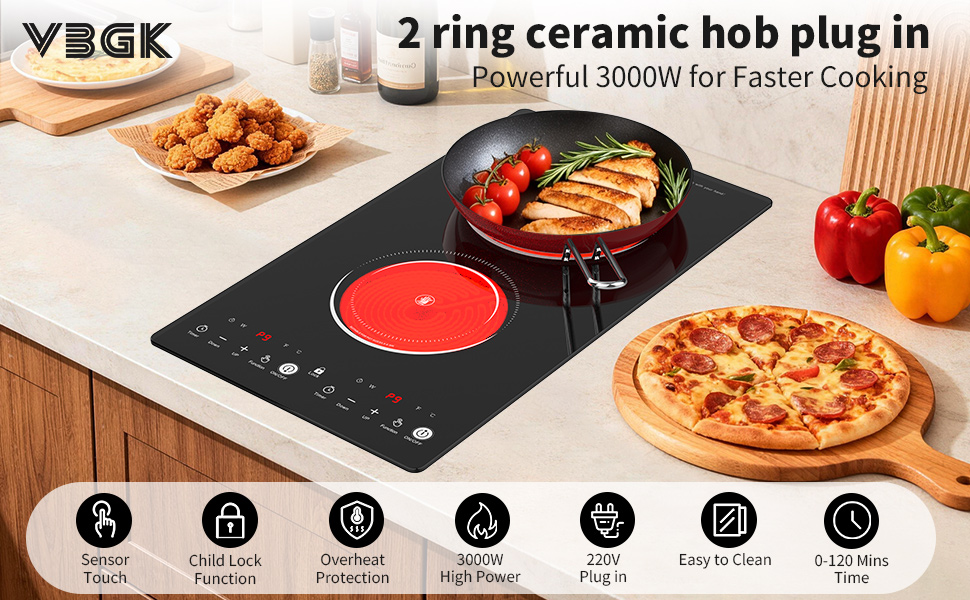 Text reads 'VBGK', '2 ring ceramic hob plug in', 'Powerful 3000W for Faster Cooking'. Black dual-zone electric cooktop with red accent rings, cooking demonstration with food, feature icons below.