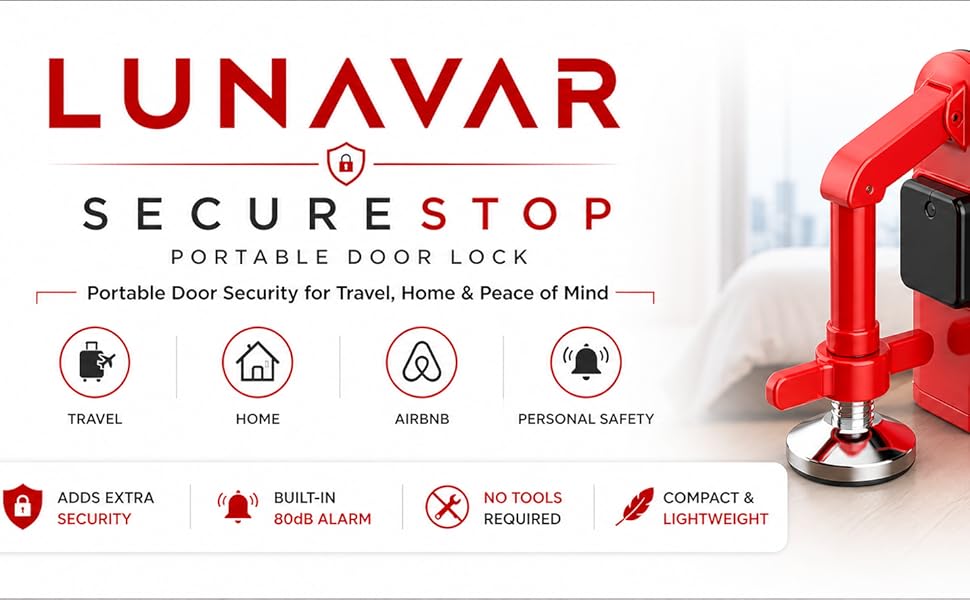Text reads 'LUNAVAR' and 'SECURESTOP' with 'PREMIUM DOOR LOCK' and feature icons below. Red home safety door lock device shown with mounting hardware.