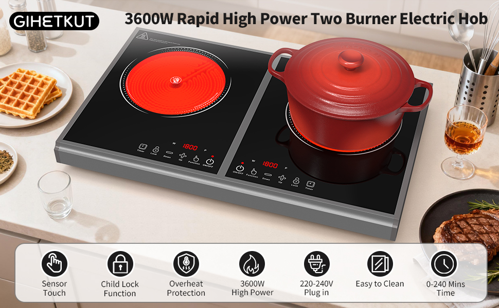 Text reads 'CHEFKNI' and '3600W Rapid High Power Two Burner Electric Hob'. Dual-burner induction cooktop with one red pot and one red pan on black glass surface, displaying control buttons and function icons below.