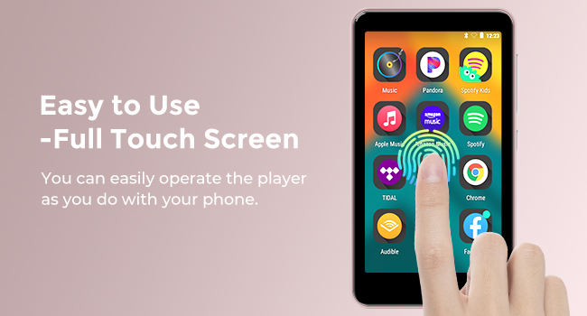 Text reads 'Easy to Use -Full Touch Screen'. Mobile app interface demonstration showing colorful icons and touch gesture indicators on pink background.