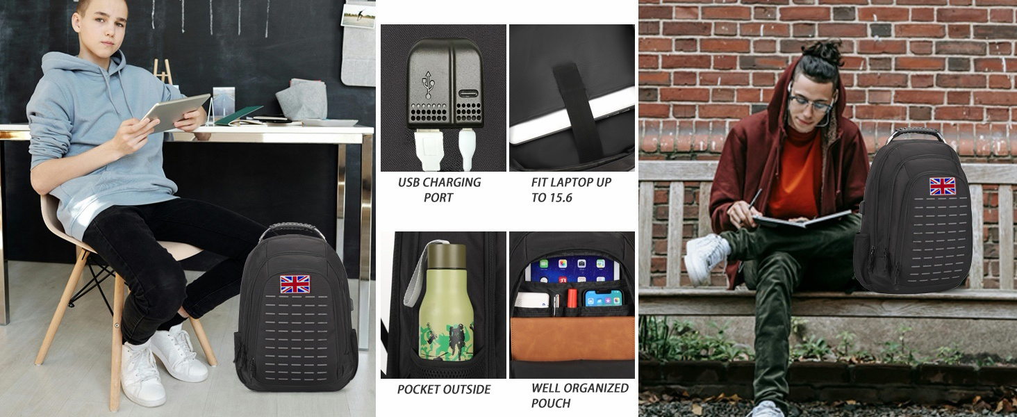 Composite lifestyle image showing people with backpacks, smart devices, plants, and indoor/outdoor settings demonstrating product usage contexts.
