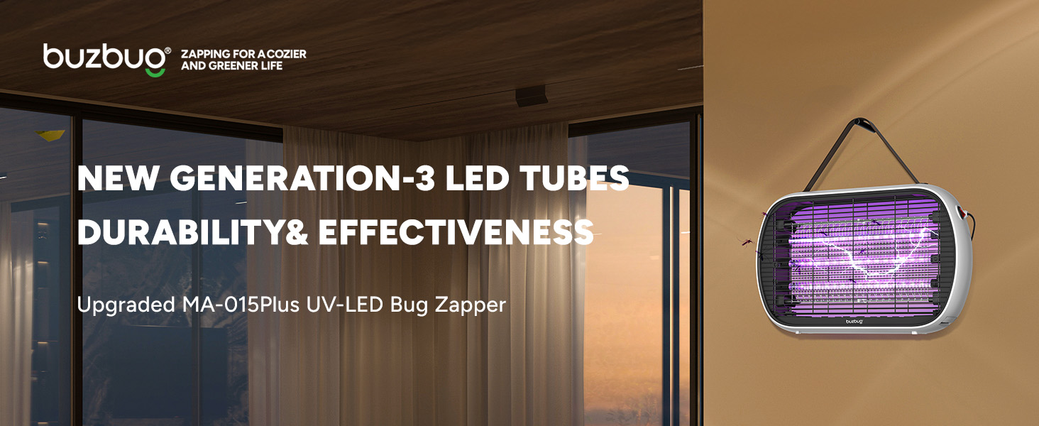 Text reads 'NEW GENERATION-3 LED TUBES DURABILITY& EFFECTIVENESS' and 'buybuy'. Shows LED tube light fixture with purple illumination.