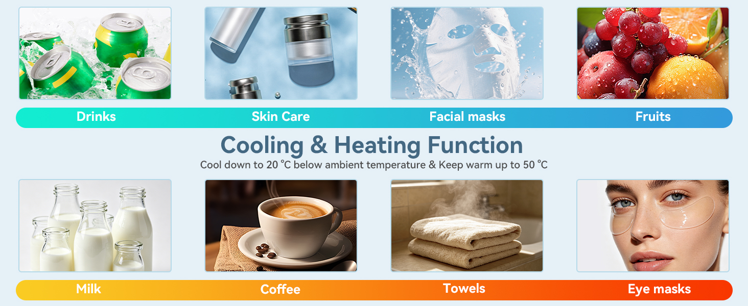 Text reads 'Cooling & Heating Function'. Composite showing kitchen/dining scenes, food images, and cooling/heating applications across multiple panels.