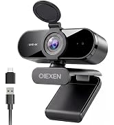 Text reads "GIEXEN". Black cylindrical webcam with blue lens, flip-up privacy cover, USB cable, and mounting clip shown in front view.