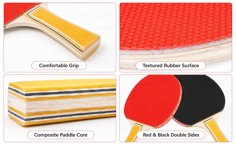 Text reads '15 cm / 5.9 in', '25 cm / 9.8 in', 'Good Gift', 'Durable Racket', 'Indoor and Outdoor', '×16', '×24'. Red ping pong paddle with yellow handle shown with ball quantities indicated.