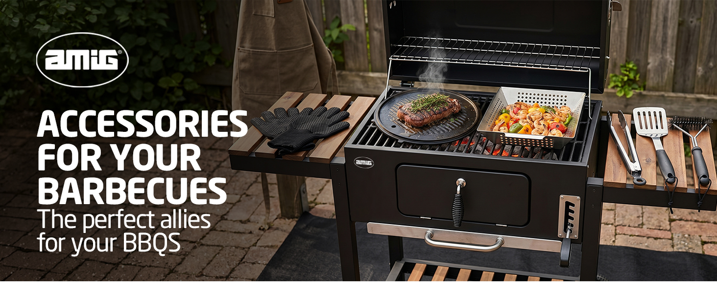 Text reads 'AMUS ACCESSORIES FOR YOUR BARBECUES' and 'The perfect allies for your BBQS'. Black gas grill with multiple cooking zones displaying grilled meats and vegetables, demonstrating accessory compatibility and cooking capability.
