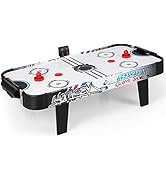 Tabletop air hockey game table with LED lighting strips, featuring blue and white playing surface, goal slots, and metal frame construction.