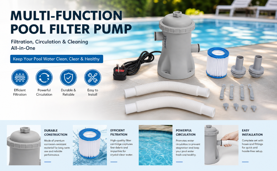 Text reads 'MULTI-FUNCTION POOL FILTER PUMP'. Image shows complete pool filtration system with pump unit, hoses, filters, and included accessories with feature icons.