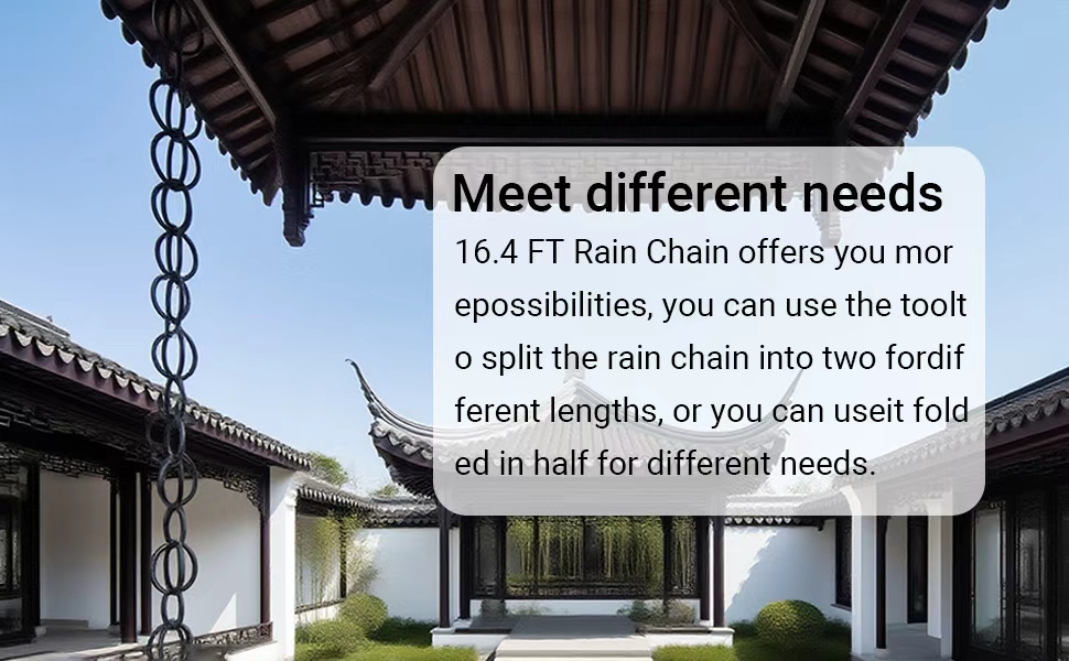 Text reads "Easy installation" and "Elegant stormwater management". Two circular detail photos showing green foliage and chain links, demonstrating rain gutter system installation and stormwater management features.